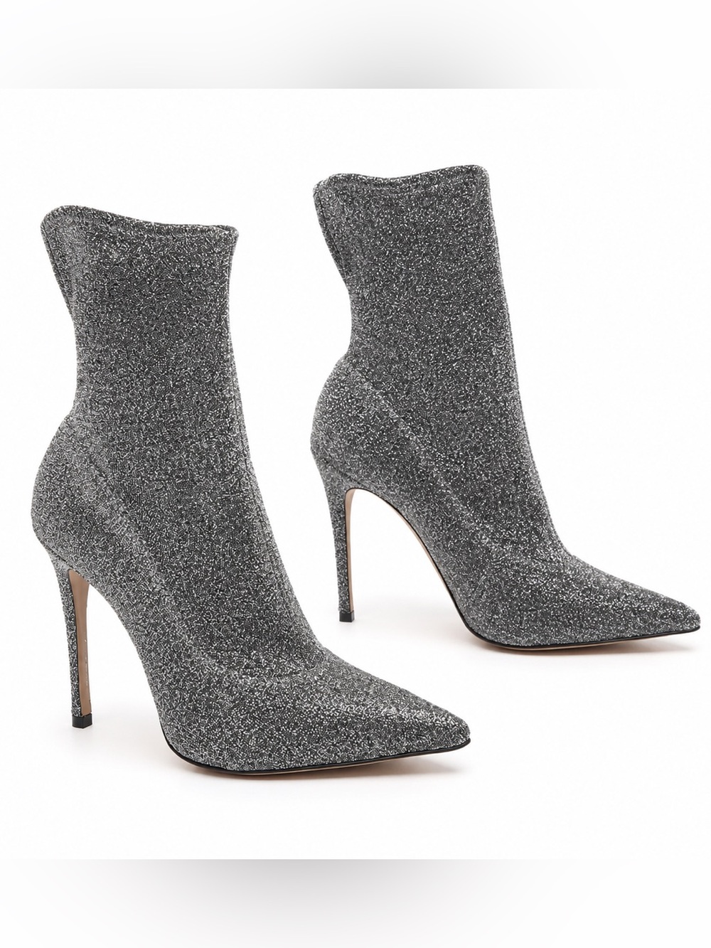 $258 SCHUTZ Silver Metallic Stretch Heeled Ankle Booties 7 NWT